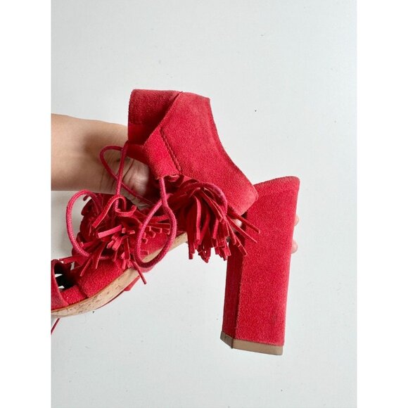 LOEFFLER RANDALL Luz Red Suede Leather Lace-Up Tassel Tie Block Heels, Size 10 - Picture 8 of 16